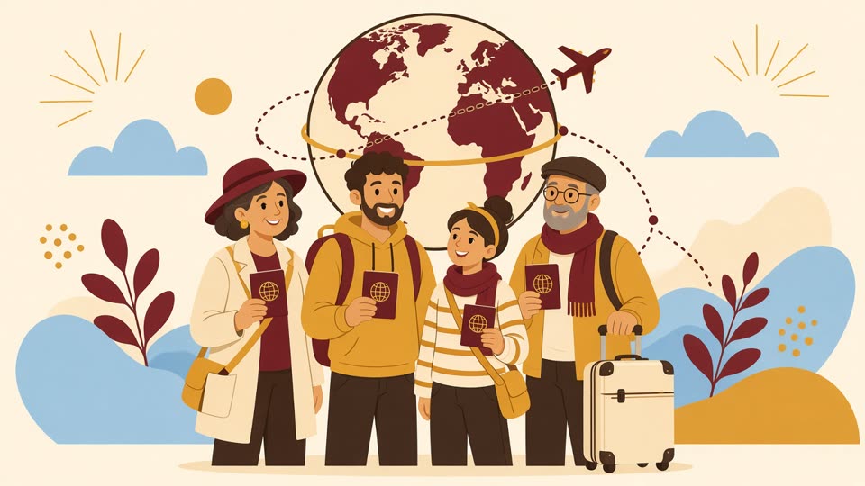 Travelers holding passports beside a globe