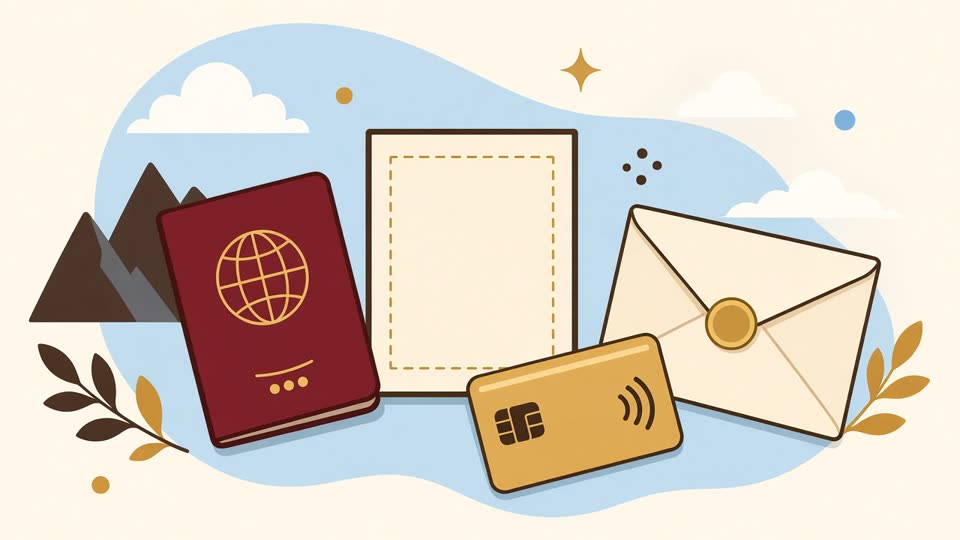 Passport, photo, payment card, and envelope