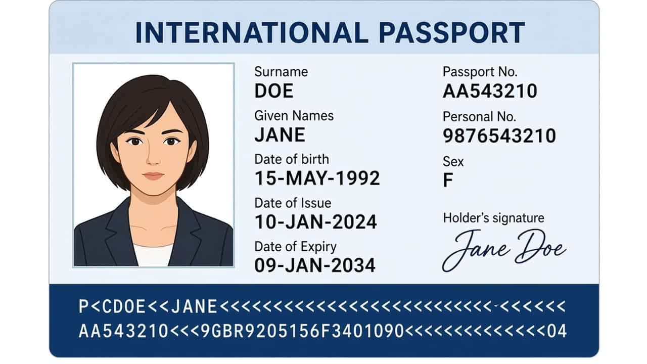 Example passport biodata page for Cambodia eVisa upload