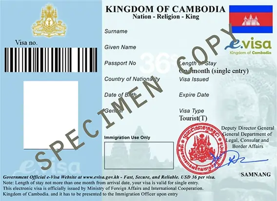 Sample format of a Cambodia eVisa